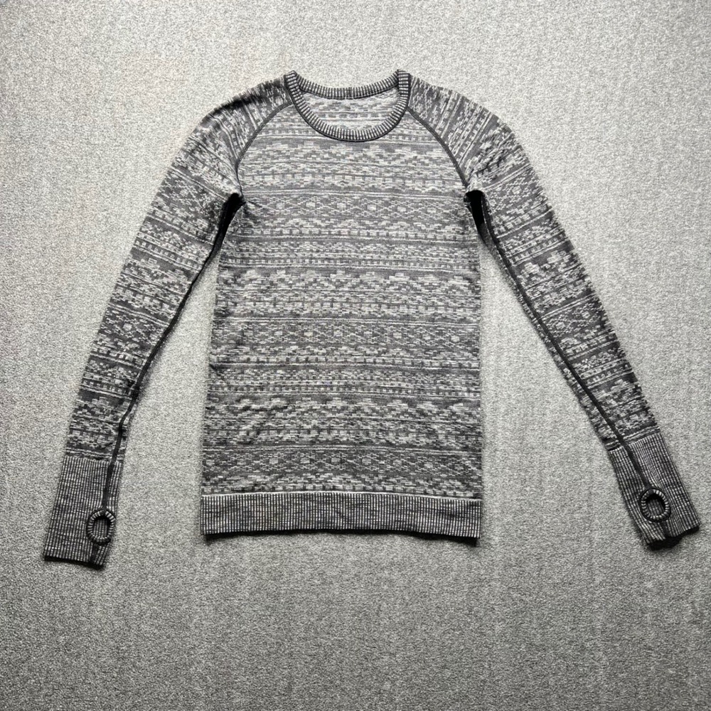 Lululemon Swiftly Tech Top Womens L? Grey Fair Isle Long Sleeve Thumbholes 3131